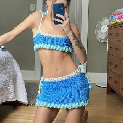2PCS Blue Knit Tank Top + Mini Skirt