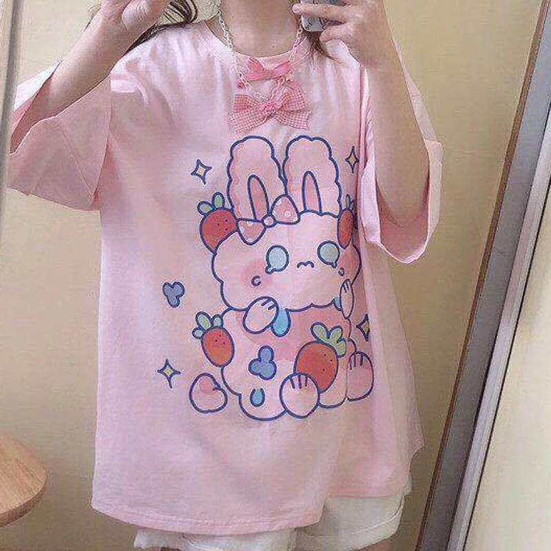 Cute Pastel Pink Sweet Rabbit Crying Strawberry Print Oversized Short Sleeve Shirt Aesthetic Casual E-Girl Kawaii Korean Japanese Harajuku