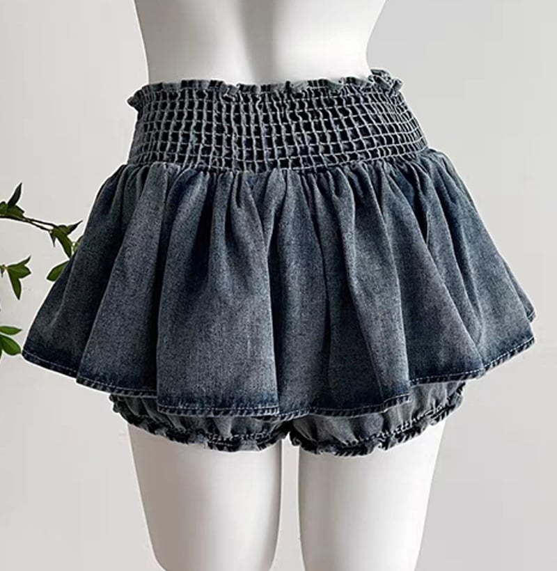 Denim Bow Ruffle Low Waist Skirt