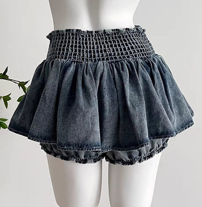 Denim Bow Ruffle Low Waist Skirt