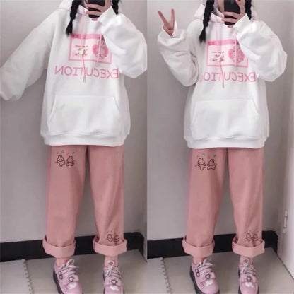 Cute Sweet Pink Bunny Cartoon Print Baggy Corduroy High Waisted Pants Trousers Aesthetic Casual Summer E-Girl Kawaii Korean Japanese Harajuku