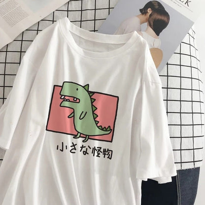 Cute Vintage Dinosaur Print Cartoon Short Sleeve Shirt T-shirt Tee Punk Funny Sweet Summer Casual E-Girl Kawaii Korean Japanese Harajuku Streetwear