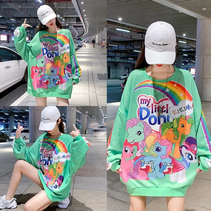 Cute Rainbow Colorful Pony Cartoon Print Oversized Sweatshirt Long Sleeve Shirt Pullover Aesthetic Casual E-Girl Kawaii Korean Japanese Harajuku