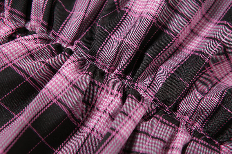 Pink Plaid Pleated Lace Mini Skirt