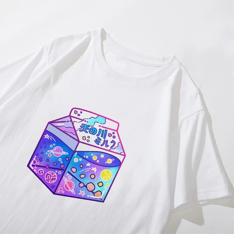 Cute Japanese Galaxy Milk Carton Print Graphic Casual Short Sleeve Shirt Tee T-shirt E-Girl Kawaii Korean Japanese Harajuku Retro Streetwear Aesthetic