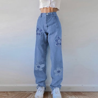 Cute Vintage Floral Patchwork Blue Denim High Waisted Jeans Pants Trouser Aesthetic Casual Summer E-Girl Kawaii Korean Japanese Harajuku