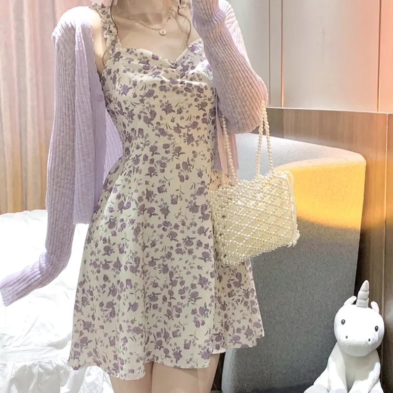 2PCS Purple Floral Spaghetti Strap Mini Dress + Cardigan