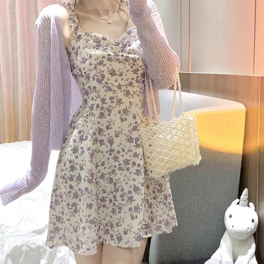 2PCS Purple Floral Spaghetti Strap Mini Dress + Cardigan