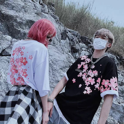 Cute Cherry Blossom Sakura Flower Graphic Print Oversized Short Sleeve Tee Shirt T-shirt Unisex Top E-Girl Kawaii Korean Japanese Harajuku Streetwear