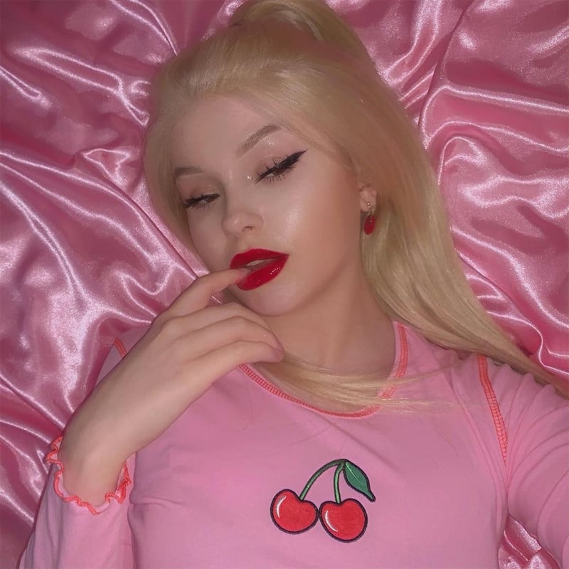 Cute Pink Cherry Fruit Embroidery Crop Top Long Sleeve Shirt T-shirt Causal Tee Summer E-Girl Kawaii Korean Japanese Harajuku Streetwear
