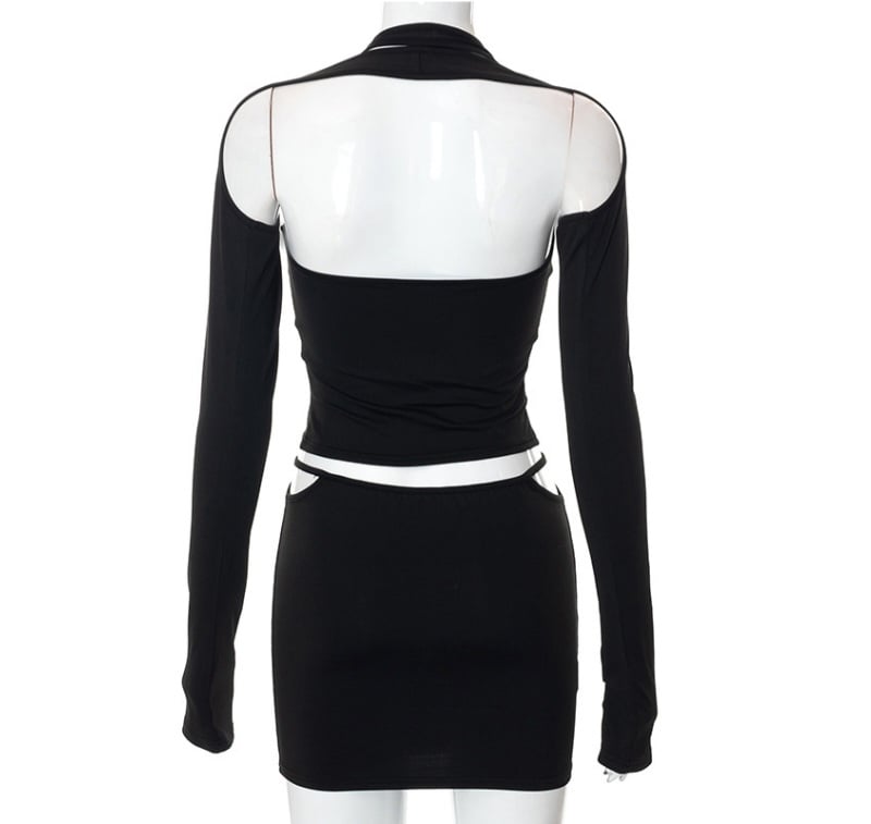 Black Hollow Out Tank Top + Sleeve + Mini Skirt Set
