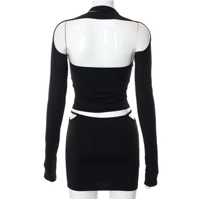 Black Hollow Out Tank Top + Sleeve + Mini Skirt Set