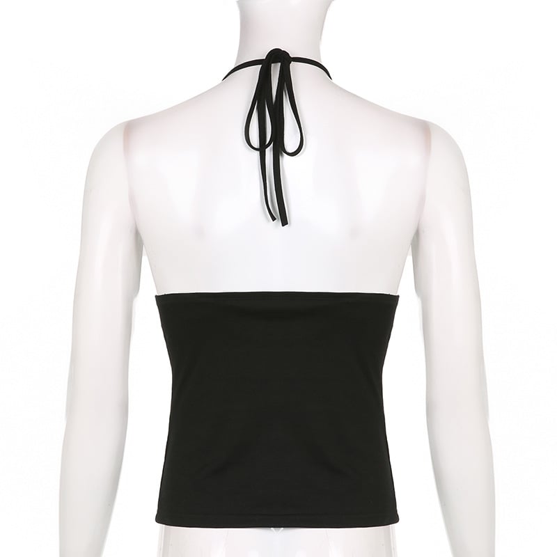 Black Belt Bandage V Neck Backless Halter Top