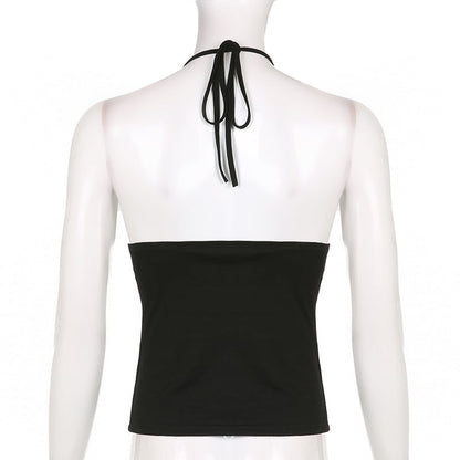 Black Belt Bandage V Neck Backless Halter Top