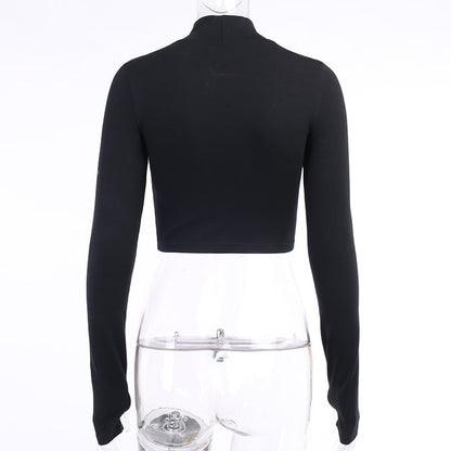 Black Rebel Letter Embroidery Turtleneck Crop Top Long Sleeve Shirt T-shirt Top Goth Punk Casual E-Girl Kawaii Korean Japanese Harajuku Streetwear