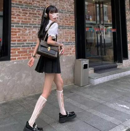 Cute Preppy Puff Sleeve Shirt Pleated Dress Set Student Aesthetic Casual E-Girl Kawaii Korean Japanese Harajuku