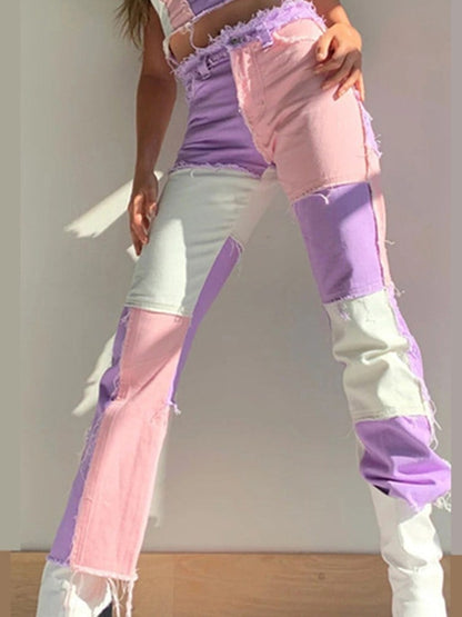 Pink & Purple Patchwork High Waist Pants