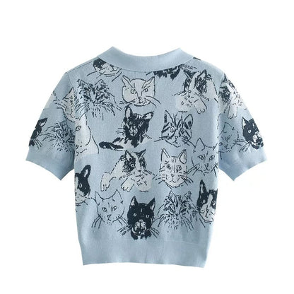 Blue Cat Knit Short Sleeve Shirt