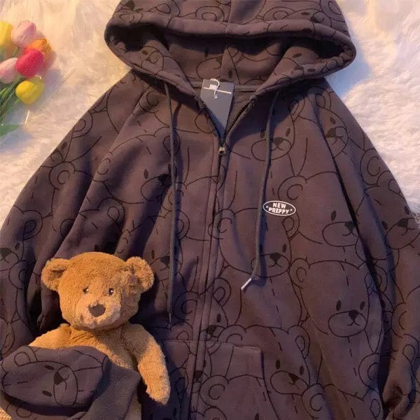 Cute Teddy Brown Bear Oversized Hoodie Zip Up Sweatshirt Sweater Long Sleeve Jumper Pullover E-Girl Kawaii Korean Japanese Harajuku Streetwear