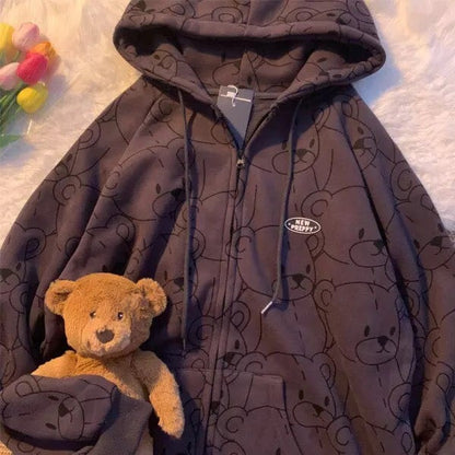 Cute Teddy Brown Bear Oversized Hoodie Zip Up Sweatshirt Sweater Long Sleeve Jumper Pullover E-Girl Kawaii Korean Japanese Harajuku Streetwear
