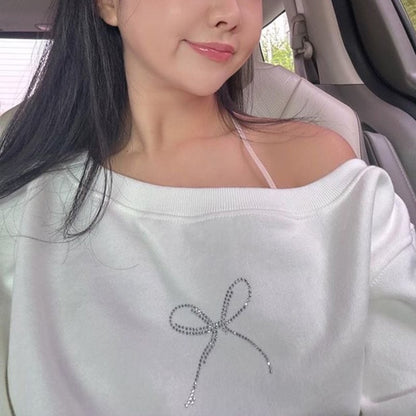 Bow Rhinestone Off Shoulder Sweater