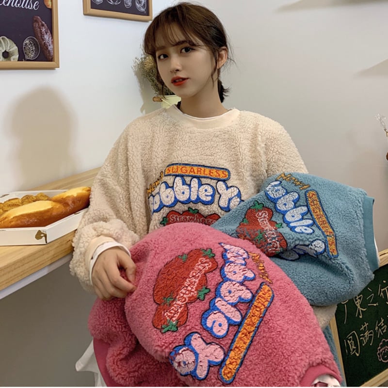 Strawberry Bubblegum Print Warm Fuzzy Fleece Hoodie Sweatshirt Sweater Long Sleeve Pullover E-Girl Kawaii Korean Japanese Harajuku Streetwear