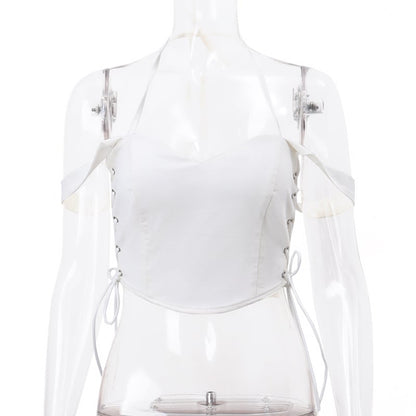 White V Neck Side Tie Up Crop Top