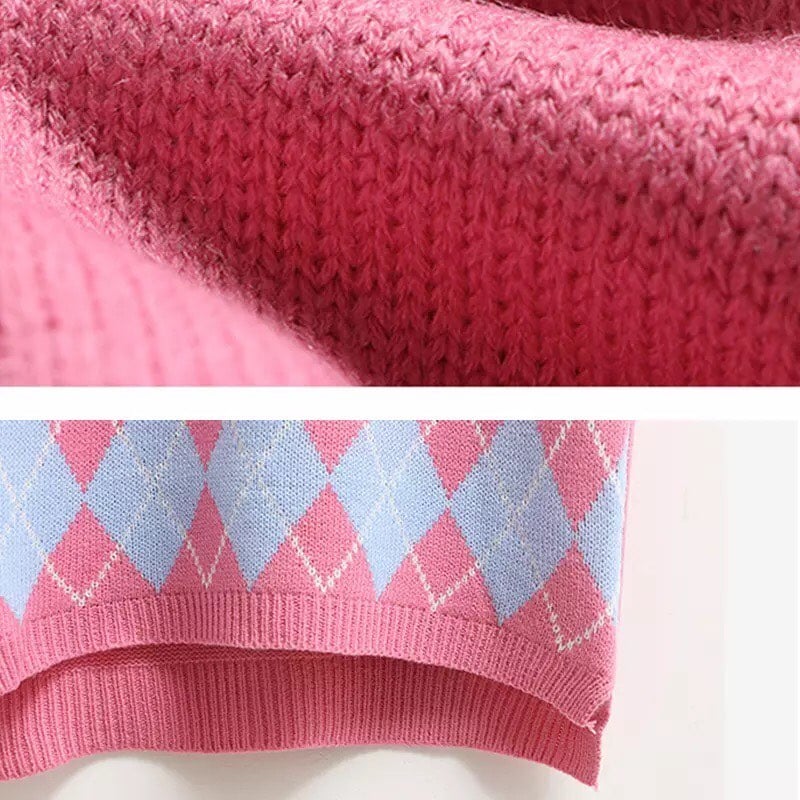 Cute Argyle V Neck Sleeveless Vest Knit Sweater Pullover Jumper Tank Top Autumn Aesthetic E-Girl Kawaii Korean Japanese Harajuku Streetwear