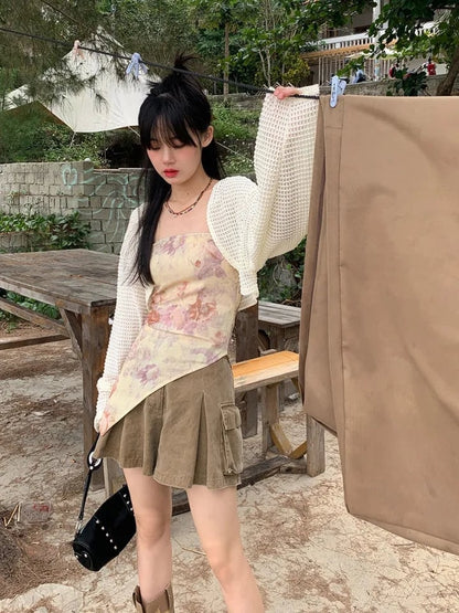 White Hollow Out Cropped Cardigan