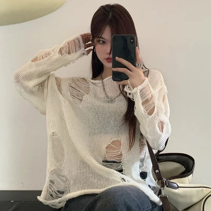 White Hole Ripped Long Sleeve Sweater