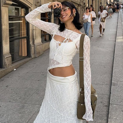 White Mesh Lace Long Sleeve Shirt