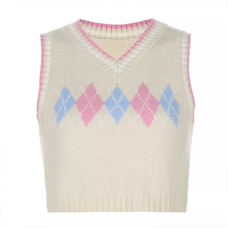 Cute Argyle Plaid Sleeveless V Neck Knit Sweater Sweatshirt Preppy Crop Top Pullover Aesthetic E-Girl Kawaii Korean Japanese Harajuku Streetwear