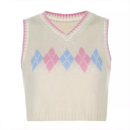 Cute Argyle Plaid Sleeveless V Neck Knit Sweater Sweatshirt Preppy Crop Top Pullover Aesthetic E-Girl Kawaii Korean Japanese Harajuku Streetwear