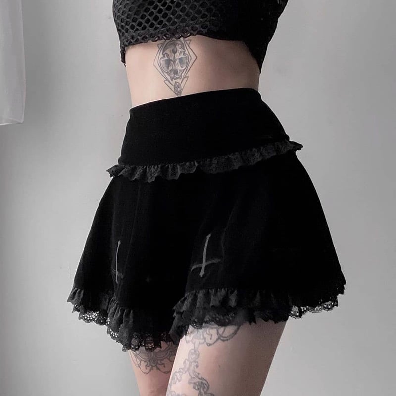 Cute Sexy Goth Black Cross Skirt Vintage Lace Trim A-Line Grunge Punk High Waist Ruffle Summer E-Girl Kawaii Korean Japanese Harajuku Streetwear