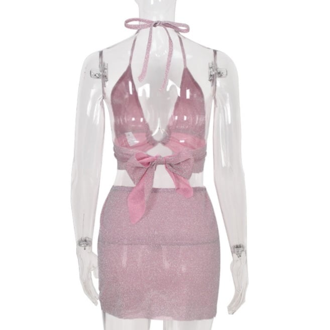 Cute Sexy Glitter Camisole + High Waist Mini Skirt Suit Backless Summer Aesthetic Casual E-Girl Kawaii Korean Japanese Harajuku