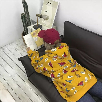 Funny Dinosaur Cartoon Print Vintage Baggy Oversized Loose Hoodie Pullover Sweater Sweatshirt Jumper E-Girl Kawaii Korean Japanese Harajuku Streetwear