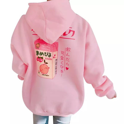 Cute Pastel Pink Peach Cartoon Print Long Sleeve Hoodie Pullover Sweater Sweatshirt Autumn Winter E-Girl Kawaii Korean Japanese Harajuku Streetwear