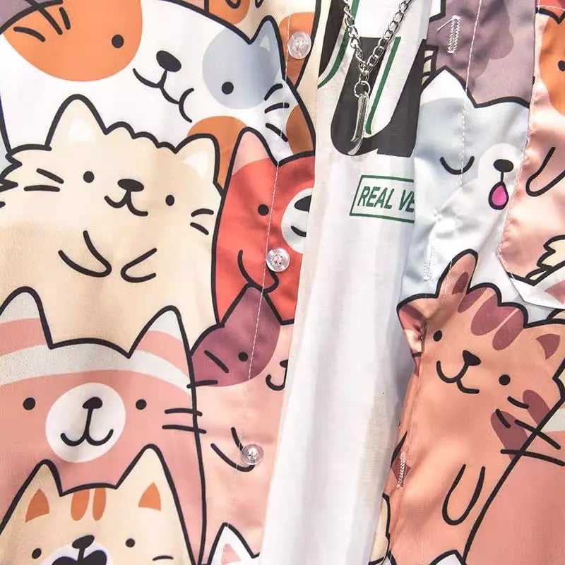 Cute Unisex Cat Cartoon Anime Print Loose Short Sleeve Shirt Button Up Aesthetic Casual Summer E-Girl Kawaii Korean Japanese Harajuku