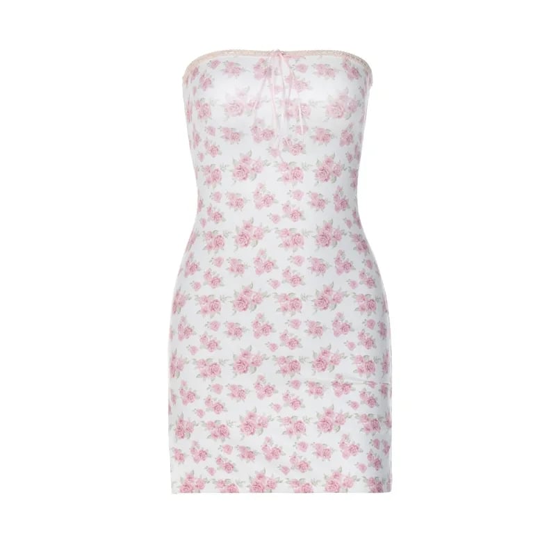 Pink Floral Ribbon Tie Up Off Shoulder Mini Dress