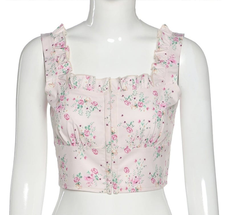 Floral Print Ruffle Button Up Bustier Crop Top