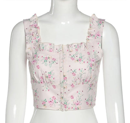 Floral Print Ruffle Button Up Bustier Crop Top