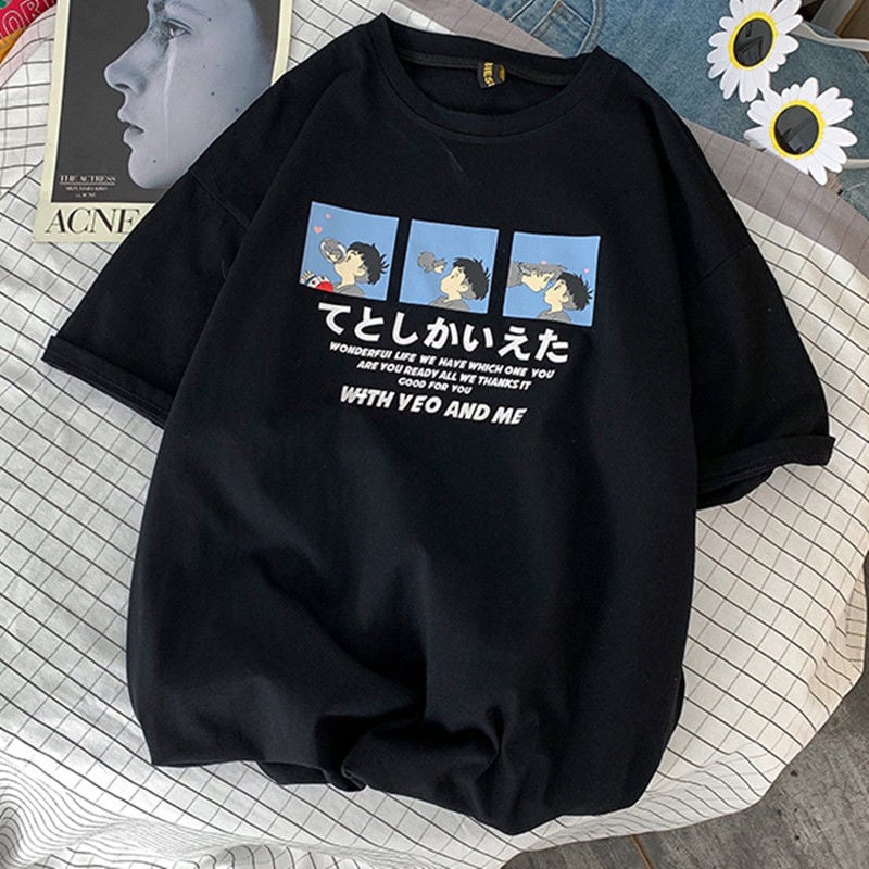 Cute Anime Boy Print Cartoon Oversized Loose Short Sleeve Shirt T-shirt Top Tee Summer Casual E-Girl Kawaii Korean Japanese Harajuku Streetwear