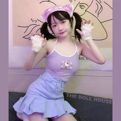 Cute Vintage Cat Kitten Cartoon Print Aesthetic Sleeveless Shirt Crop Top Tank Camisole Casual E-Girl Kawaii Korean Japanese Harajuku Streetwear