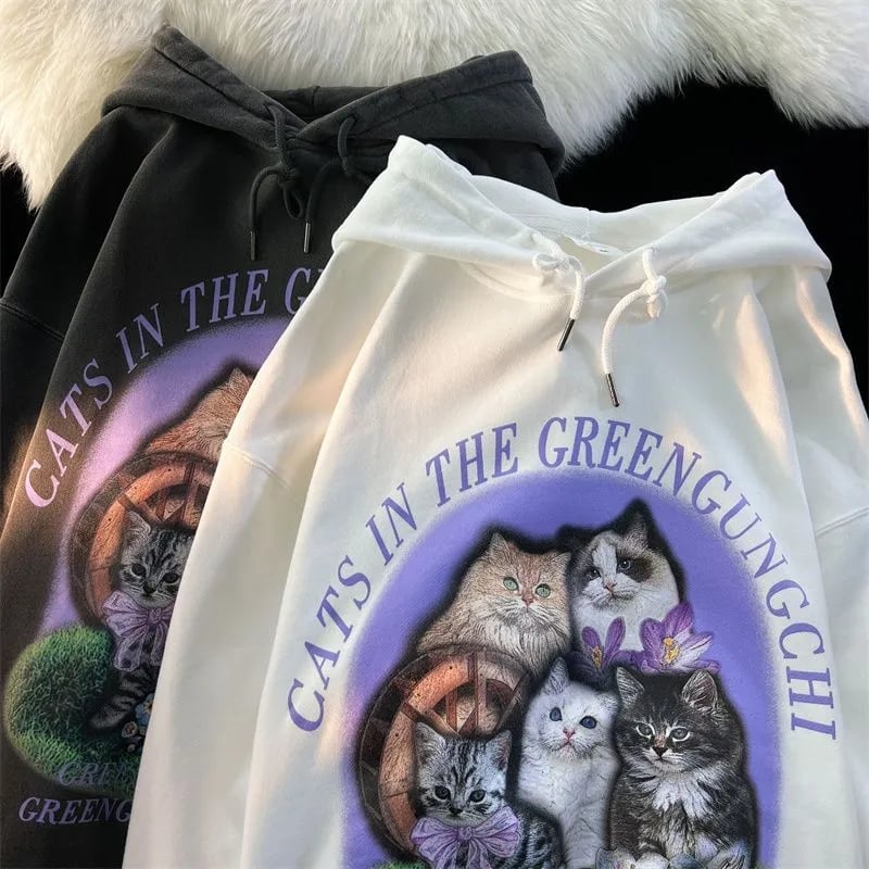 Purple Flower Kitten Print Oversized Hoodie