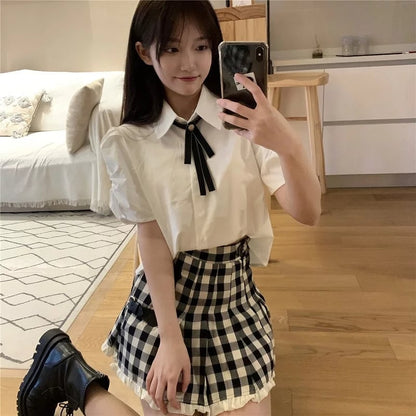 Cute 2pcs Set White Puff Ruffles Sleeve Shirt + Aline Pleated Preppy Mini Skirt Summer Aesthetic Casual E-Girl Kawaii Korean Japanese Harajuku