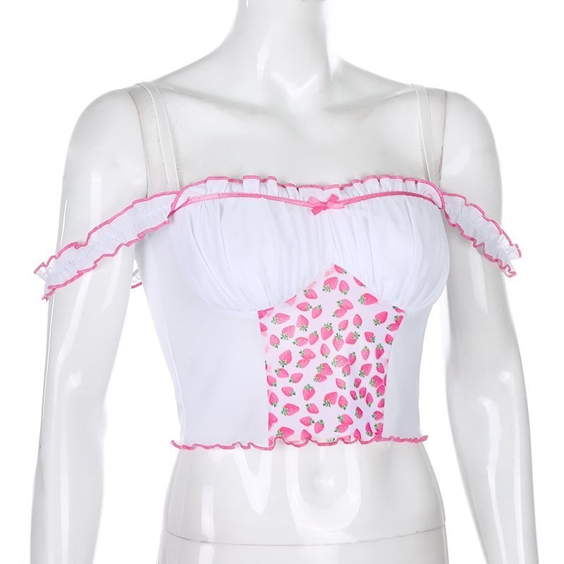 Cute Strawberry Milkmaid Patchwork Frill Ruched Mesh Crop Top Sleeveless Shirt Summer Aesthetic E-Girl Kawaii Korean Japanese Harajuku Streetwear