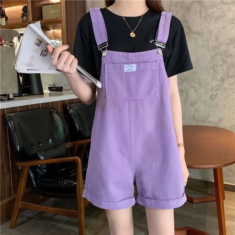 Purple Suspender Denim Overalls Shorts