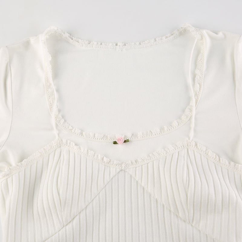 White Lace Trim Square Collar Long Sleeve Shirt