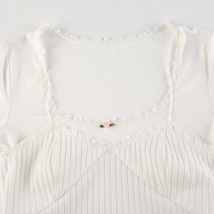 White Lace Trim Square Collar Long Sleeve Shirt