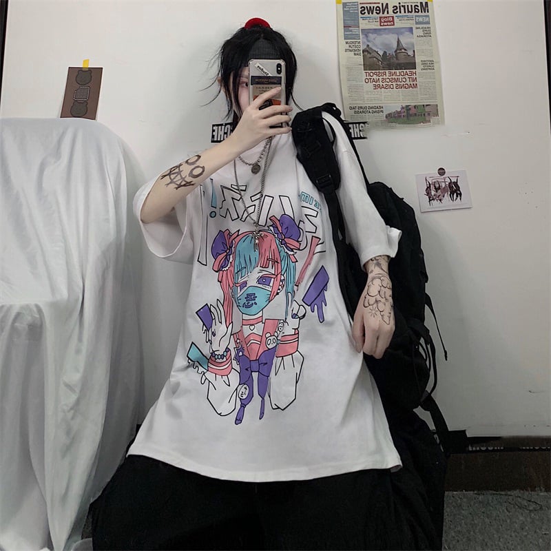 Cute Japanese Girl Punk Goth Print Oversized Short Sleeve Shirt Tee T-shirt E-Girl Kawaii Korean Japanese Harajuku Retro Streetwear Aesthetic
